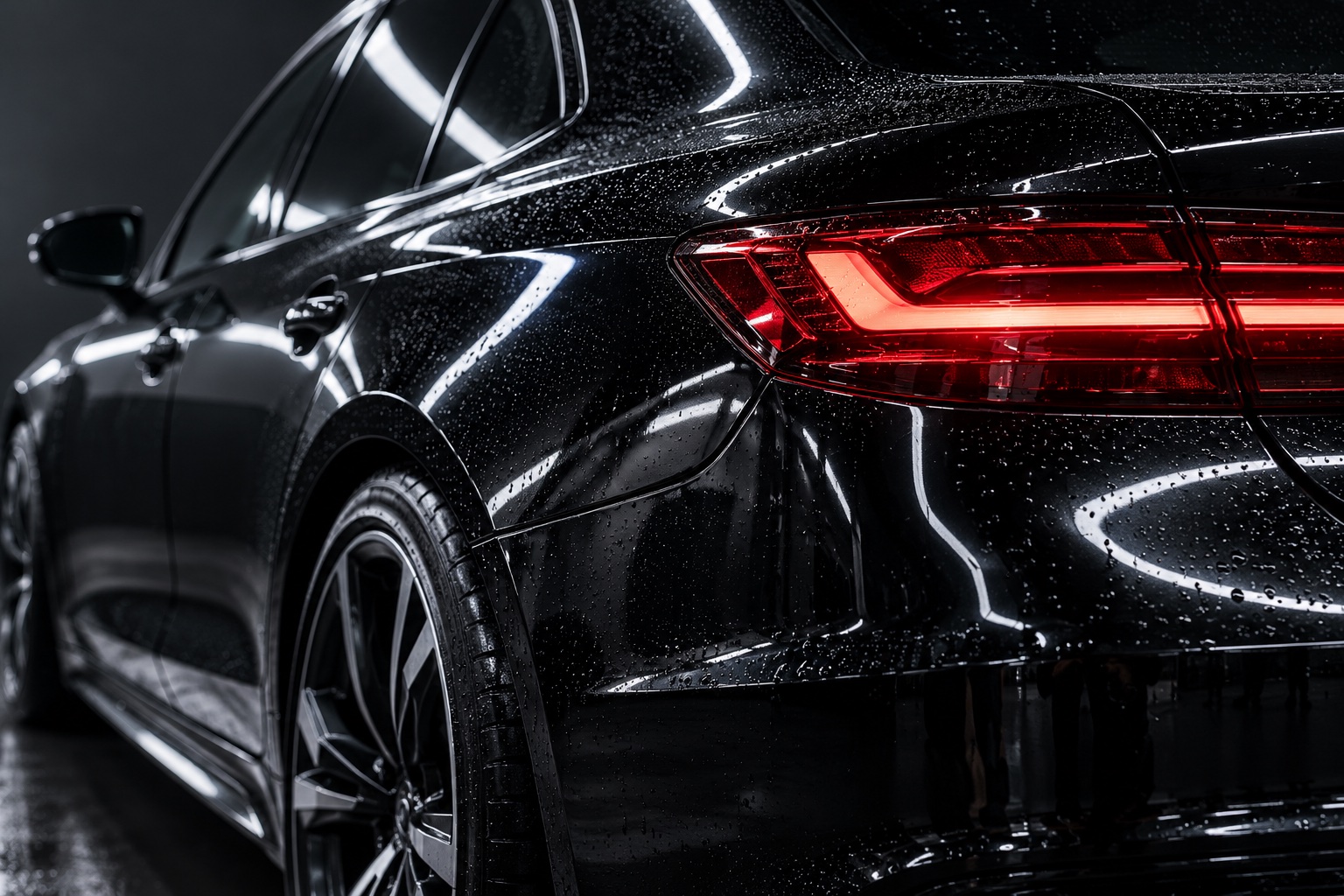 Illustrative studio study of water beads and reflected light on a black car